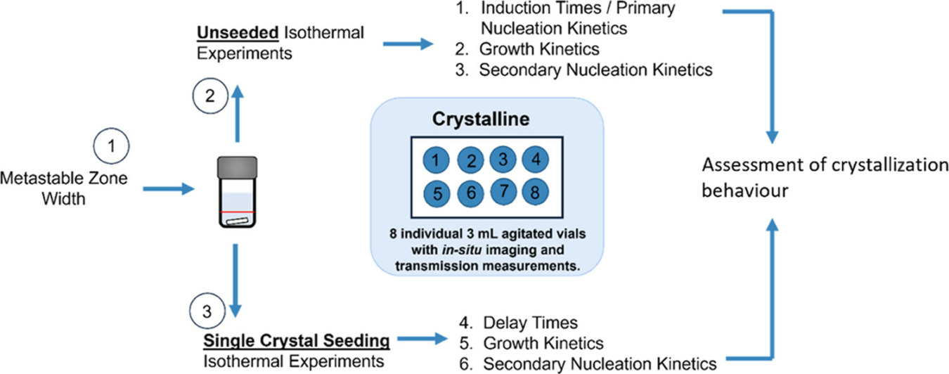 Workflow overview to rapidly assess the crystallization behavior through estimation of primary and secondary nucleation and growth kinetics at given crystallization conditions.